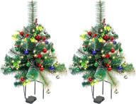set of two 24.5in outdoor battery operated pre-lit pathway christmas trees: pathway christmas trees holiday décor for driveway, yard, garden with led lights, red berries, frosted pine cone, and ornament logo