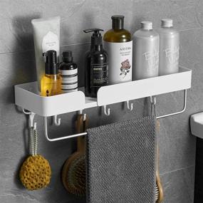 img 4 attached to VOLPONE Bathroom Shelf Organizer with Towel Bar, Wall-Mounted Multifunctional Shower Shelf with Hooks and Wide Storage Space (White, 17.5in, 1 Pack)