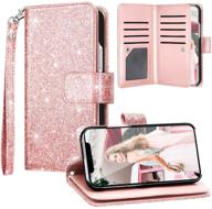 fingic iphone 12 pro max 5g wallet case: glitter sparkle cover with 9 card holder, kickstand, & wrist strap - rose gold logo