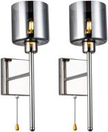 🔦 set of 2 modern wall sconce lights - smoked-grey glass shade, polished chrome vanity lamps wall-mounted with pull chain cord switch for bedroom and living room логотип