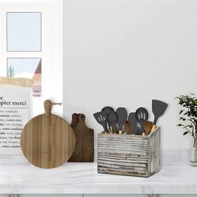 img 1 attached to 🍴 Y&ME YM Rustic Kitchen Utensil Caddy with Compartments - Farmhouse Wood Organizer Box for Cutlery Storage and Flatware