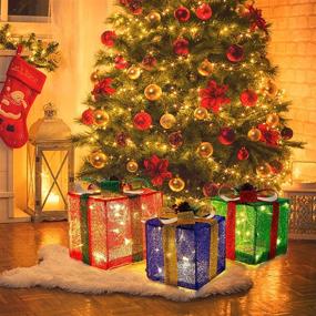 img 3 attached to 🎁 Set of 3 Twinkle Star Christmas Lighted Pop Up Gift Boxes Decorations, Tinsel Present Box, Pre-lit 60 LED Light Up Tree Skirt Ornament, Red Green &amp; Blue, Indoor Outdoor Use for Holiday Party Xmas Home Yard