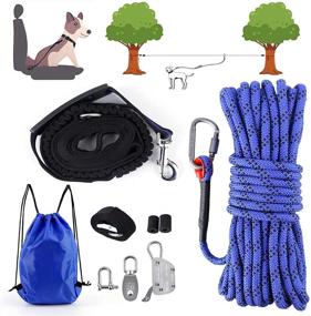 img 4 attached to 🐶 EKXOZV Dog Tie Out Cable: 50ft Overhead Trolley System with Anchor Hook, 8ft Elastic Bungee Leash – Up to 200lbs for Camping, Beach, Yard