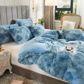 img 2 attached to 🛏️ Uhamho Tie Dye Printed Faux Fur Bedding Set - Queen Size, Turquoise: Modern Abstract Shaggy Plush Duvet Cover with Pillow Shams - Ultra Soft, Warm, and Durable