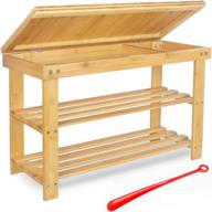 👟 3-tier bamboo shoe rack bench with storage drawer and shoe horn - entryway organizer and bathroom shelf, holds up to 280lb - dimensions: 27.5x11.2x18 inches logo