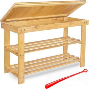 img 4 attached to 👟 3-Tier Bamboo Shoe Rack Bench with Storage Drawer and Shoe Horn - Entryway Organizer and Bathroom Shelf, Holds Up to 280LB - Dimensions: 27.5x11.2x18 Inches