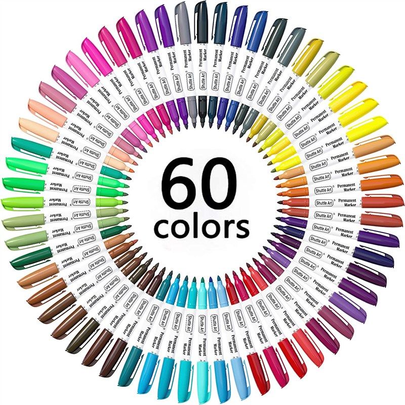 Shuttle Art 60 Colors Permanent Markers, Fine Point, Assorted Colors, Works on Plastic,Wood,Stone,Metal and Glass for Doodling, Coloring, Marking