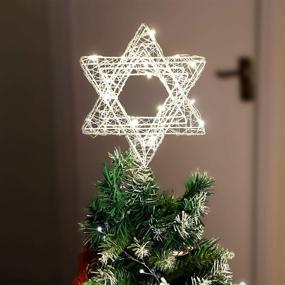 img 2 attached to 🌟 7'' Battery Powered Star Tree Topper with Warm White LED String - Perfect for Hanukkah, Christmas, Chanukah, Diwali, Birthday, Wedding, Parties & Home Decor - Star of David Rattan Wire Weave Design