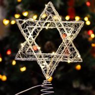 🌟 7'' battery powered star tree topper with warm white led string - perfect for hanukkah, christmas, chanukah, diwali, birthday, wedding, parties & home decor - star of david rattan wire weave design logo