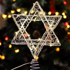 img 4 attached to 🌟 7'' Battery Powered Star Tree Topper with Warm White LED String - Perfect for Hanukkah, Christmas, Chanukah, Diwali, Birthday, Wedding, Parties & Home Decor - Star of David Rattan Wire Weave Design
