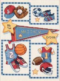 img 1 attached to 🧵 Dimension's Counted Cross Stitch Kit: Little Sports Baby Boy Birth Record, 14 Count Ivory Aida Fabric, 9x12 Inches
