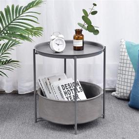 img 3 attached to Scandi Style Metal End Table with Detachable Tray Top and Fabric Storage Basket, Dark Grey - Perfect for Living Room, Bedroom, Coffee Round Table or Sofa Side Snack Table