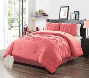 img 2 attached to GrandLinen 3 Piece King Size Solid Coral Pink Double-Needle Stitch Puckered Pinch Pleat Stripe All-Season Bedding-Down Alternative Comforter Set: Ultimate Cozy Luxury for All-Year Comfort