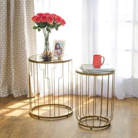 img 1 attached to Golden Set of 2 HomePop Nesting Tables with Glass Top, Featuring Metal Accents
