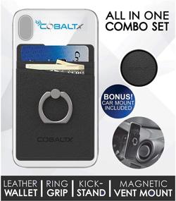 img 3 attached to COBALTX Leather Cell Phone Ring Wallet Combo with Adhesive, Magnetic Car Vent Mount, and Matching Card Holder - All-in-One Wallet, Ring Grip, Kick Stand, and Stick-On Phone Wallet with Ring (Black)