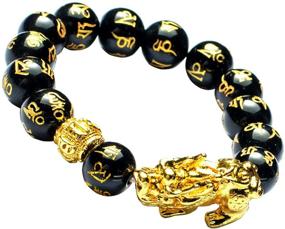 img 4 attached to 💰 Feng Shui Wealth Attracting Bracelet: 14mm Black Mantra Beads with Golden Pi Xiu and Mantra Bead