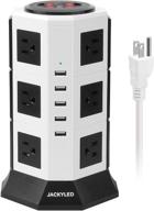 💡 jackyled surge protector power strip tower - 12 ac outlets, 3000w 15a, 5 usb ports, 8a desktop smart charging station, multiple protection, heavy duty 6.5ft 14 awg extension cord - white & black logo