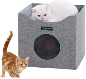 img 4 attached to 🐱 JESPET Foldable Cat Condo & Cube House - Sleepping Bed with Lying Surface, 2 Reversible Cushions, Cat Hiding Place, Cat Cave - Linenette Fabric, Felt, Engineered Wood - Scratch Resistant