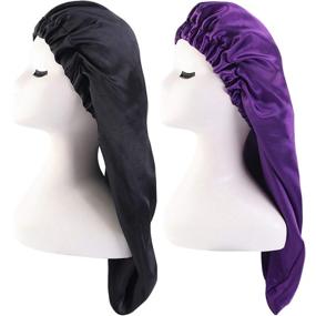 img 4 attached to 🔥 High-quality 2 Pcs Bonnet for Braids & Dreadlocks – Extra Long, Soft Elastic Band, Silky Satin Sleep Cap for Curly Hair