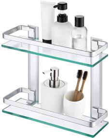 img 4 attached to 🛁 Modern 2-Tier Tempered Glass Bathroom Shelf - Stylish Wall Mounted Aluminum Design - Silver Sand Sprayed Finish - A4126B