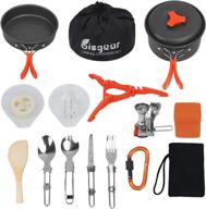 bisgear 17pcs camping cookware stove carabiner canister stand tripod folding spork set for outdoor camping, hiking, backpacking - non-stick cooking with picnic knife and spoon logo