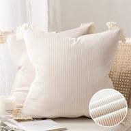 phantoscope pack of 2 corduroy soft pillow covers: beige white striped velvet throw pillows with cotton tassels for ultra solid cushion décor - 20 x 20 inches логотип