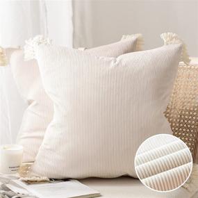 img 4 attached to Phantoscope Pack of 2 Corduroy Soft Pillow Covers: Beige White Striped Velvet Throw Pillows with Cotton Tassels for Ultra Solid Cushion Décor - 20 x 20 Inches