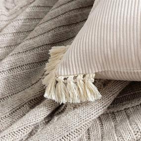 img 3 attached to Phantoscope Pack of 2 Corduroy Soft Pillow Covers: Beige White Striped Velvet Throw Pillows with Cotton Tassels for Ultra Solid Cushion Décor - 20 x 20 Inches