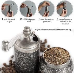 img 2 attached to 🌶️ Adjustable Coarseness Turkish Pepper Grinder, Refillable Spice Mill with Handle, Manual Metal Spice Grinder with Hand Crank - Decorative Dark Silver