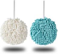 hanging kitchen hand towels 2 pack: fluffy chenille microfiber towels for quick-dry absorbency in white and blue color - perfect decorative balls for kitchen and bathroom logo