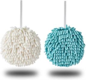 img 4 attached to Hanging Kitchen Hand Towels 2 Pack: Fluffy Chenille Microfiber Towels for Quick-Dry Absorbency in White and Blue Color - Perfect Decorative Balls for Kitchen and Bathroom