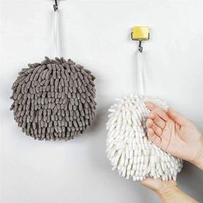 img 3 attached to Hanging Kitchen Hand Towels 2 Pack: Fluffy Chenille Microfiber Towels for Quick-Dry Absorbency in White and Blue Color - Perfect Decorative Balls for Kitchen and Bathroom