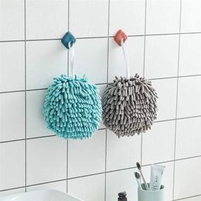 img 1 attached to Hanging Kitchen Hand Towels 2 Pack: Fluffy Chenille Microfiber Towels for Quick-Dry Absorbency in White and Blue Color - Perfect Decorative Balls for Kitchen and Bathroom