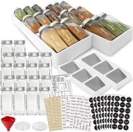 🌶️ spice rack drawer organizer with 18 glass spice jars and 2 printed spice labels by talented kitchen. complete set: 2 drawer trays, 18 empty square 4oz glass jars, chalk and clear label logo