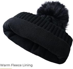 img 1 attached to 🧣 accsa Women's Winter Knit Beanie with Soft Faux Fur Pom Pom - Cable Hat with Warm Fleece Lining, Chunky Knit Cuffed Beanie Hat for Women