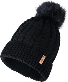 img 4 attached to 🧣 accsa Women's Winter Knit Beanie with Soft Faux Fur Pom Pom - Cable Hat with Warm Fleece Lining, Chunky Knit Cuffed Beanie Hat for Women