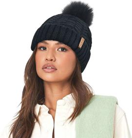 img 2 attached to 🧣 accsa Women's Winter Knit Beanie with Soft Faux Fur Pom Pom - Cable Hat with Warm Fleece Lining, Chunky Knit Cuffed Beanie Hat for Women