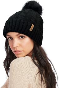 img 3 attached to 🧣 accsa Women's Winter Knit Beanie with Soft Faux Fur Pom Pom - Cable Hat with Warm Fleece Lining, Chunky Knit Cuffed Beanie Hat for Women