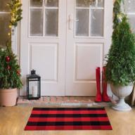 cotton buffalo plaid rug, 24x36 hand-woven indoor outdoor rugs - layered christmas door mats, washable carpet for front porch, kitchen, farmhouse, entryway, halloween - black and red logo
