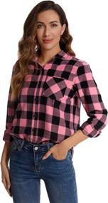 img 3 attached to Women's Long Sleeve Flannel Plaid Cotton Shirt - Button Down Casual Blouse