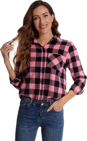 img 2 attached to Women's Long Sleeve Flannel Plaid Cotton Shirt - Button Down Casual Blouse