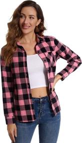 img 1 attached to Women's Long Sleeve Flannel Plaid Cotton Shirt - Button Down Casual Blouse