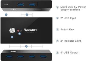 img 3 attached to 🔁 Rybozen USB 3.0 Переключатель - 4-портовый КВМ-переключатель для 2 компьютеров со сменной кнопкой - Периферийный USB-переключатель для мыши, клавиатуры, сканера, принтера ПК - Включает 2 шт. USB-кабель