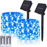 blue solar christmas fairy lights, hemasxing 2 pack 100 led 33ft solar string lights outdoor waterproof 8 modes solar powered copper wire fairy light with remote control for patio and garden decor logo