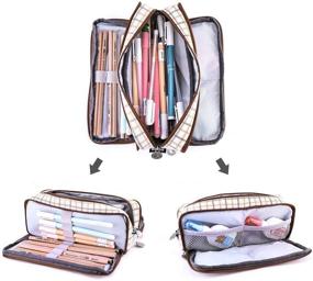 img 2 attached to Oyachic Cute Plaid Pencil Case Large Striped Makeup Pouch Cosmetic Organizer Bags 3 Layer Zipper Pen Holder For Women School Organization, Storage & Transport
