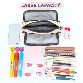 img 3 attached to Oyachic Cute Plaid Pencil Case Large Striped Makeup Pouch Cosmetic Organizer Bags 3 Layer Zipper Pen Holder For Women School Organization, Storage & Transport