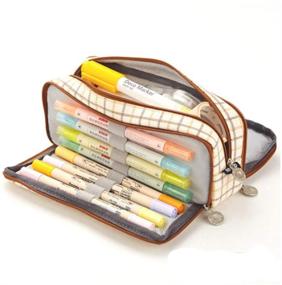 img 4 attached to Oyachic Cute Plaid Pencil Case Large Striped Makeup Pouch Cosmetic Organizer Bags 3 Layer Zipper Pen Holder For Women School Organization, Storage & Transport