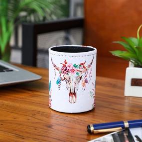 img 3 attached to 🐮 LINKWELL Cow Skull Design PU Leather Pencil Pen Holder Desk Organizer PH32 - Fashionable and Efficient for Desk Organization