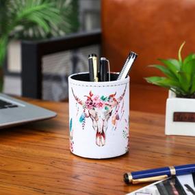 img 2 attached to 🐮 LINKWELL Cow Skull Design PU Leather Pencil Pen Holder Desk Organizer PH32 - Fashionable and Efficient for Desk Organization