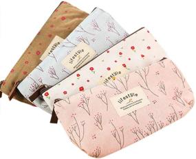 img 4 attached to 🌸 AKIRO Pencil Case: Cute Floral Flower Canvas Zipper Pencil Cases - Lovely Fabric Flower Tree Pen Bags - School Supplies 4 Pcs